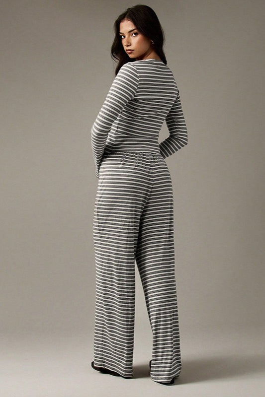 Striped Lounge Set for Women, Button Front Top and Pants