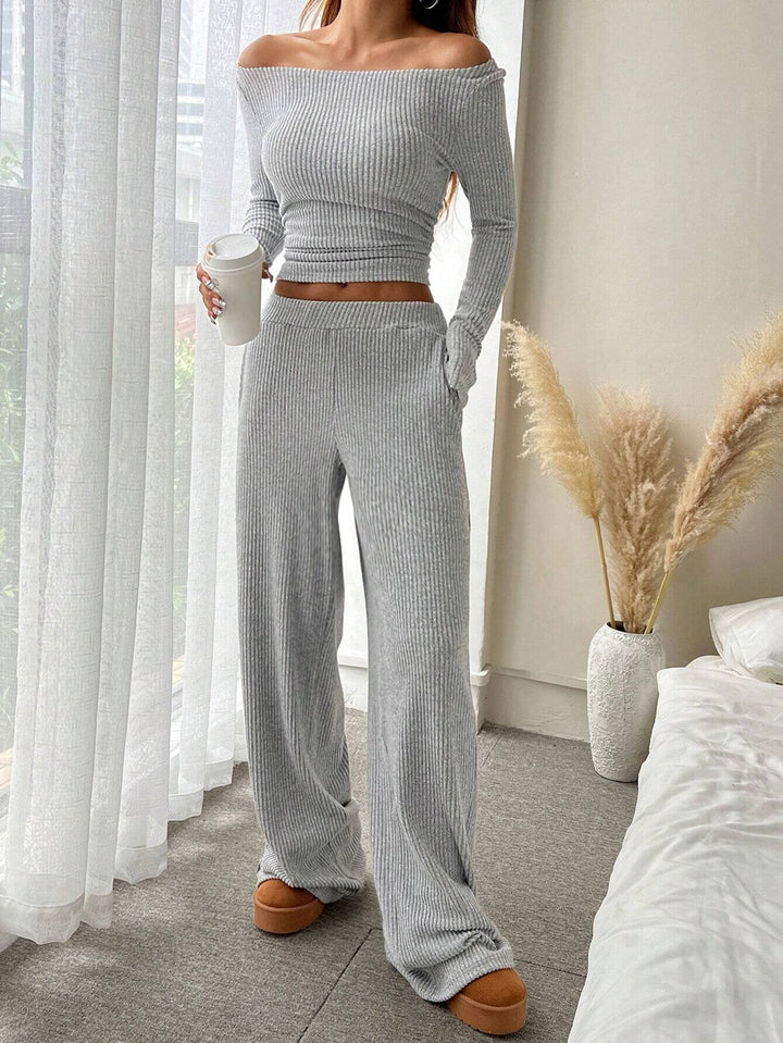 Ribbed Lounge Set for Women, Relaxed Top and Wide Leg Pants