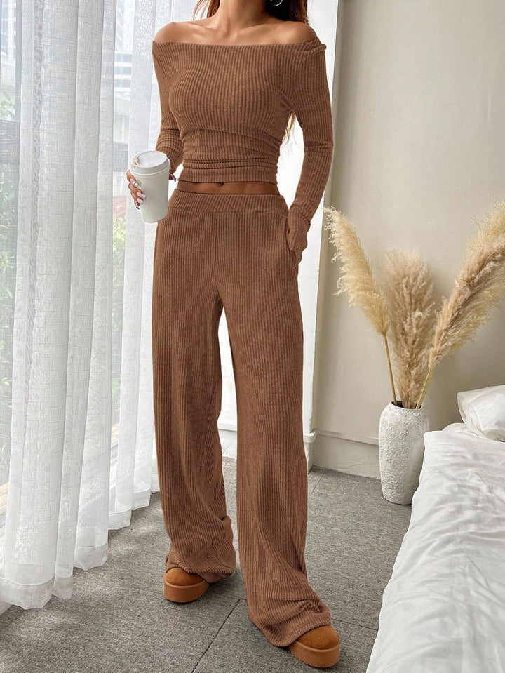 Ribbed Lounge Set for Women, Relaxed Top and Wide Leg Pants