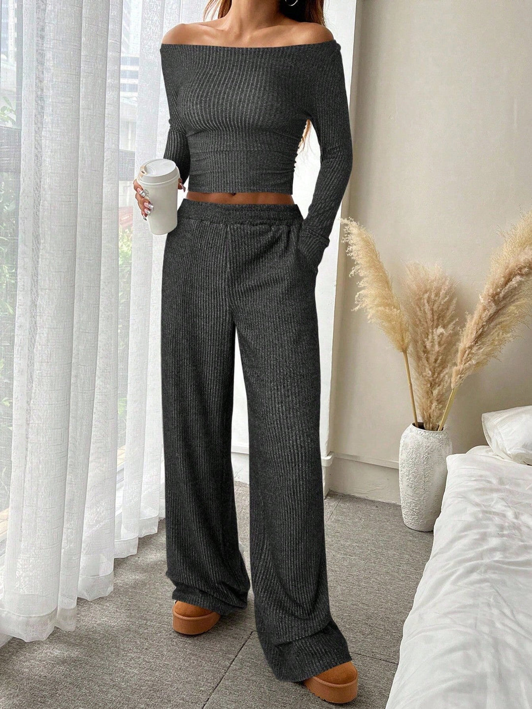Ribbed Lounge Set for Women, Relaxed Top and Wide Leg Pants