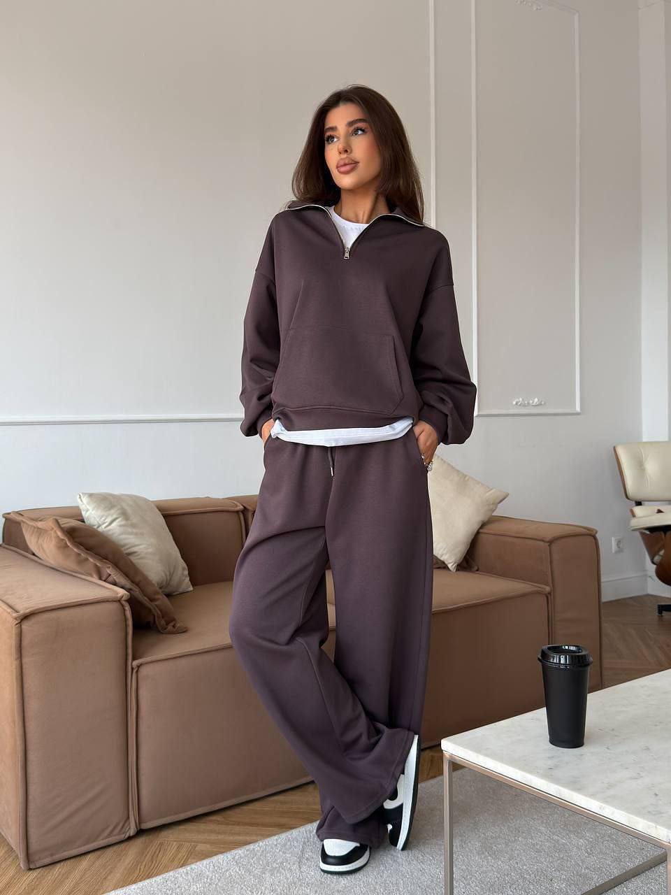 Half Zip Lounge Set for Women, Sweatshirt and Wide Leg Pants