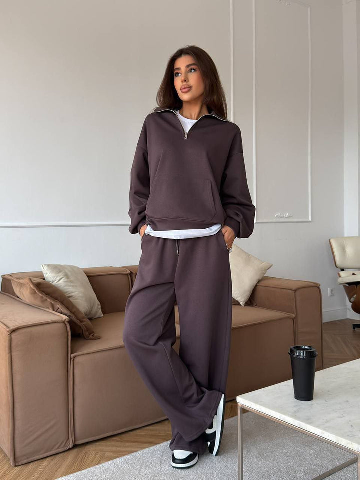 Half Zip Lounge Set for Women, Sweatshirt and Wide Leg Pants