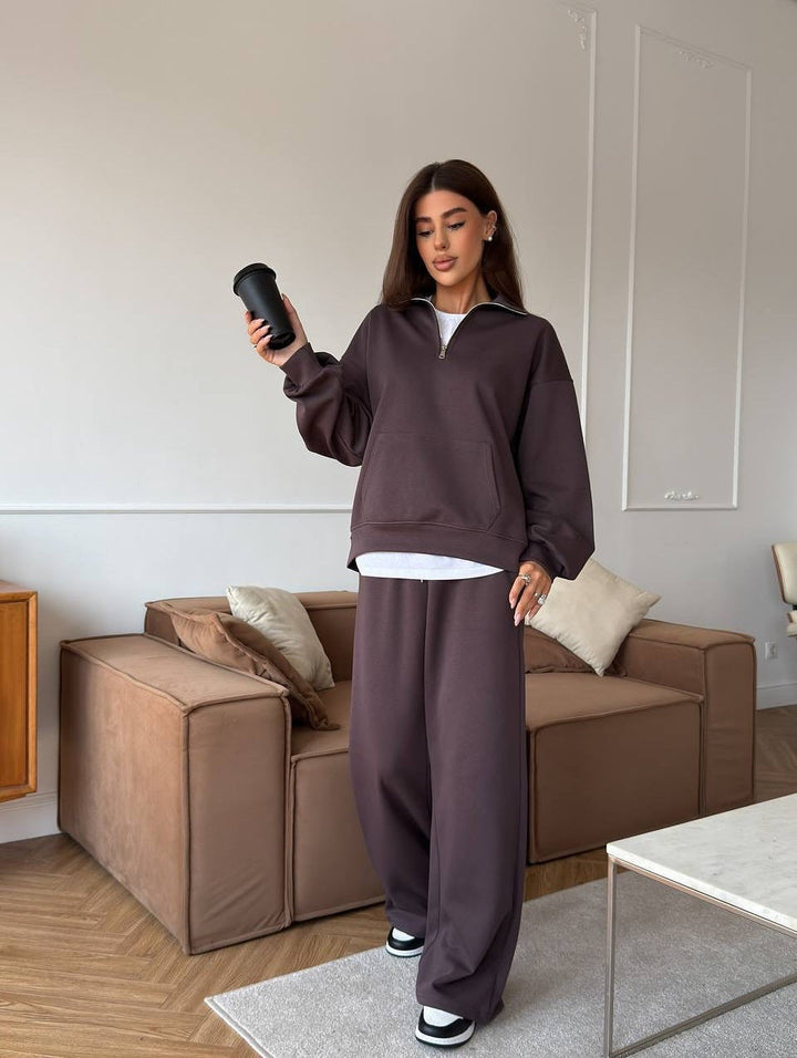Half Zip Lounge Set for Women, Sweatshirt and Wide Leg Pants