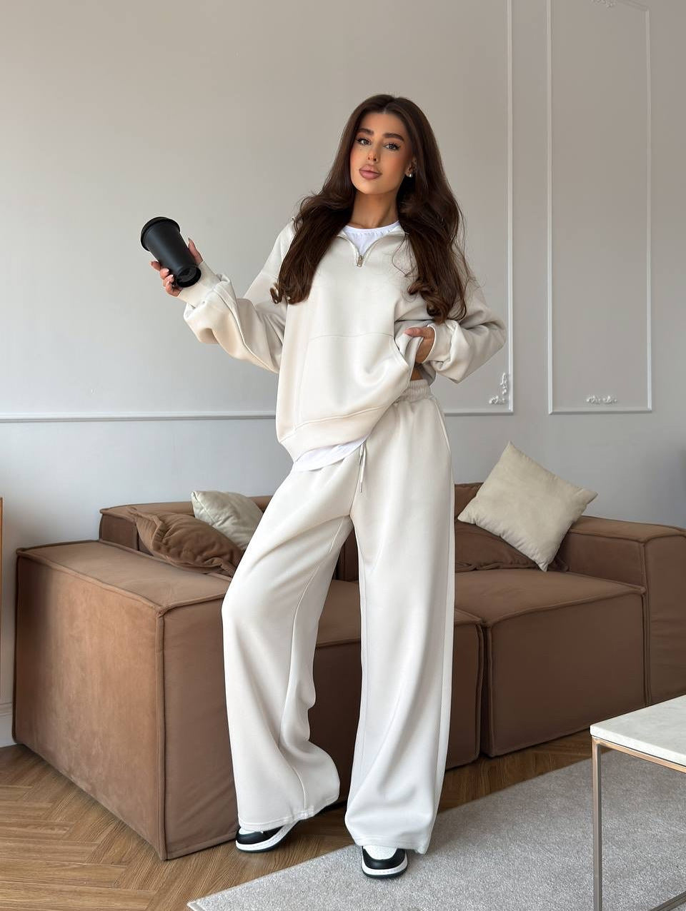 Half Zip Lounge Set for Women, Sweatshirt and Wide Leg Pants