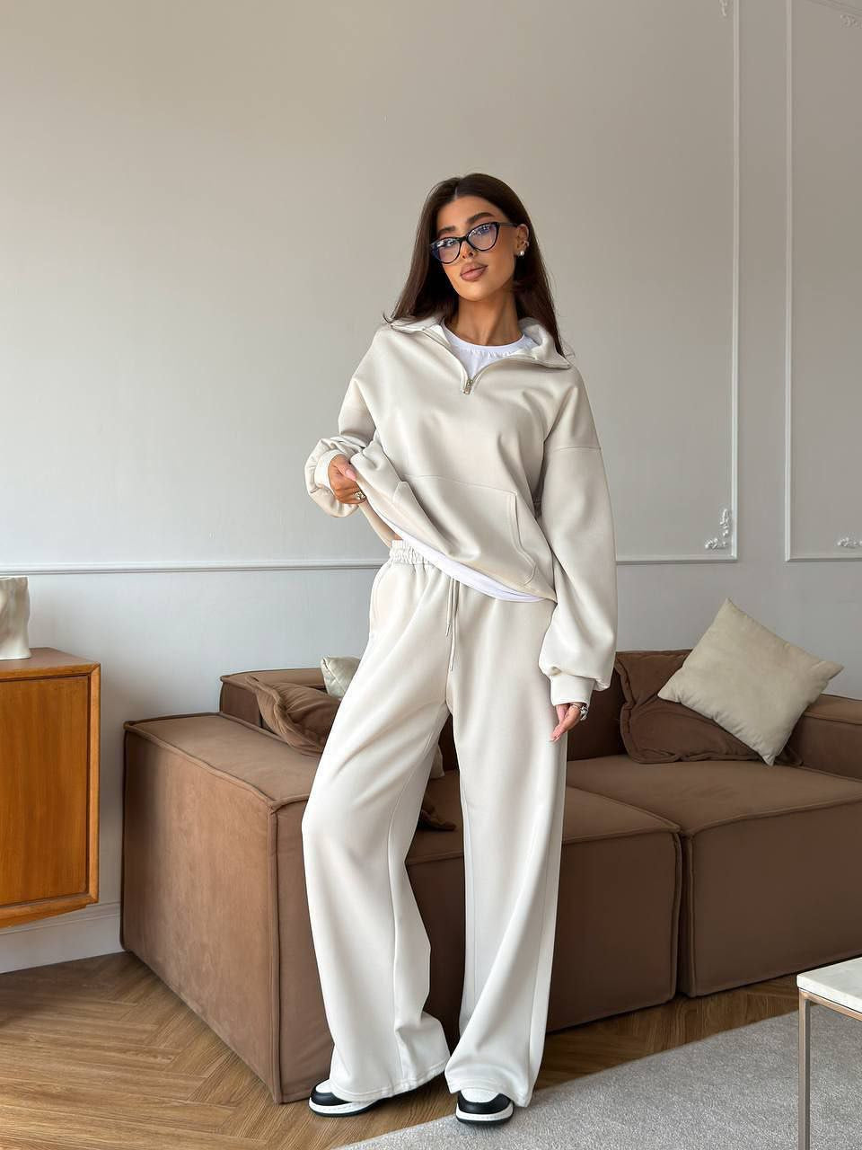 Half Zip Lounge Set for Women, Sweatshirt and Wide Leg Pants