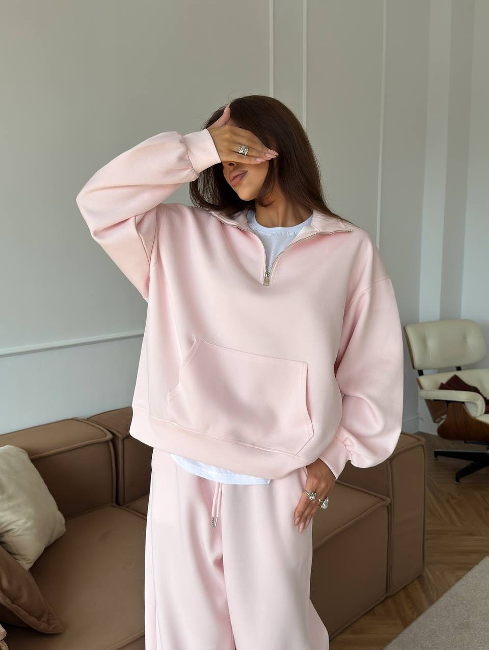 Half Zip Lounge Set for Women, Sweatshirt and Wide Leg Pants