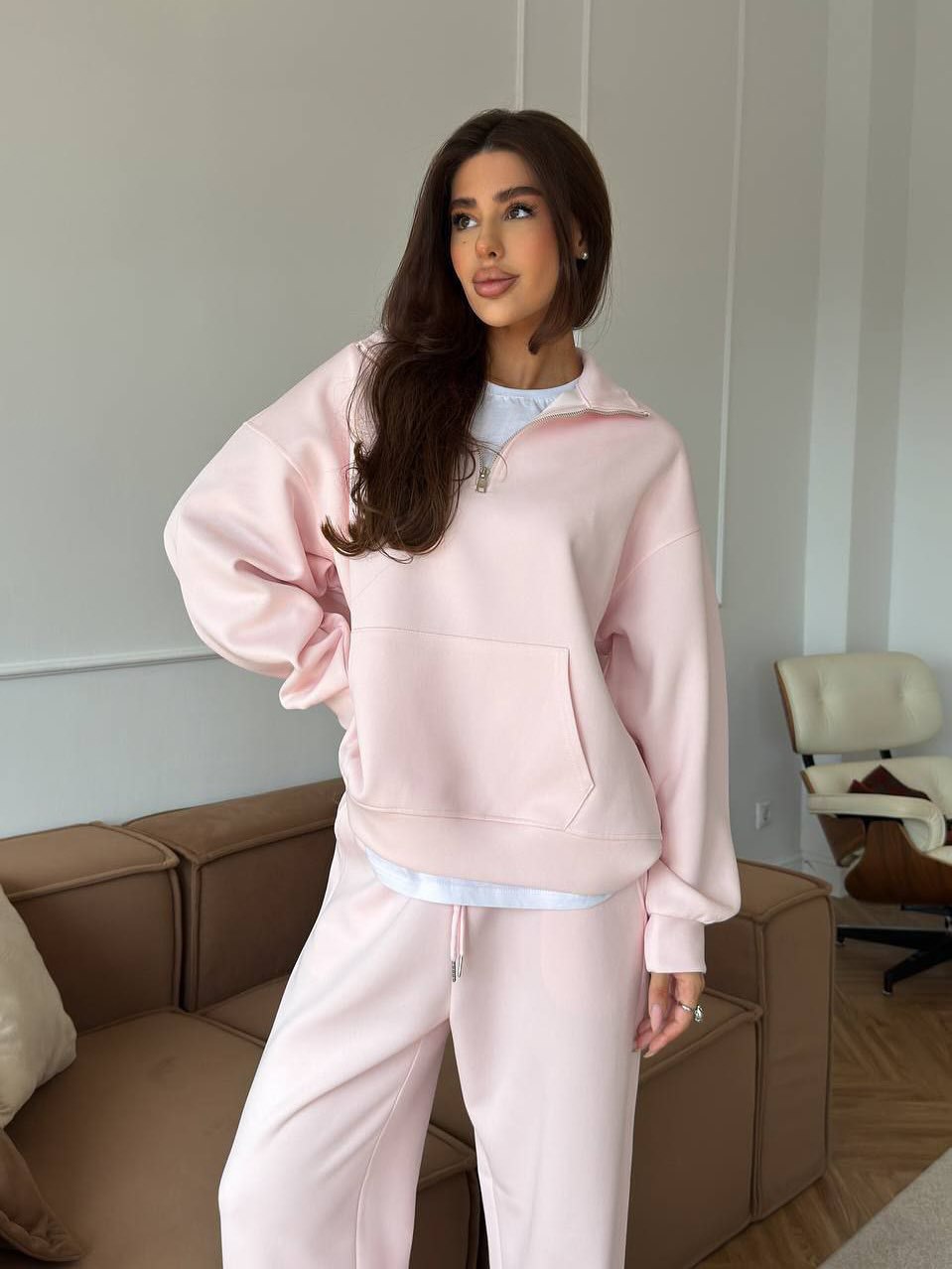 Half Zip Lounge Set for Women, Sweatshirt and Wide Leg Pants