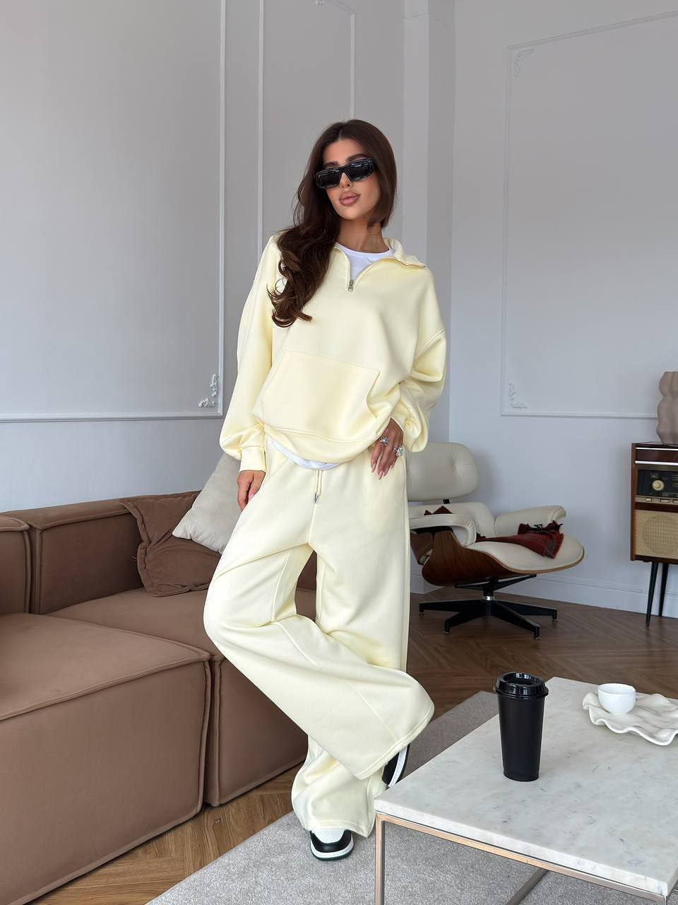 Half Zip Lounge Set for Women, Sweatshirt and Wide Leg Pants
