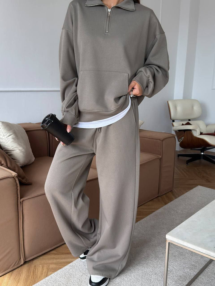 Half Zip Lounge Set for Women, Sweatshirt and Wide Leg Pants