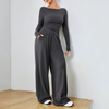 Ruched Knit Lounge Set for Women, Boat Neck and Wide Leg