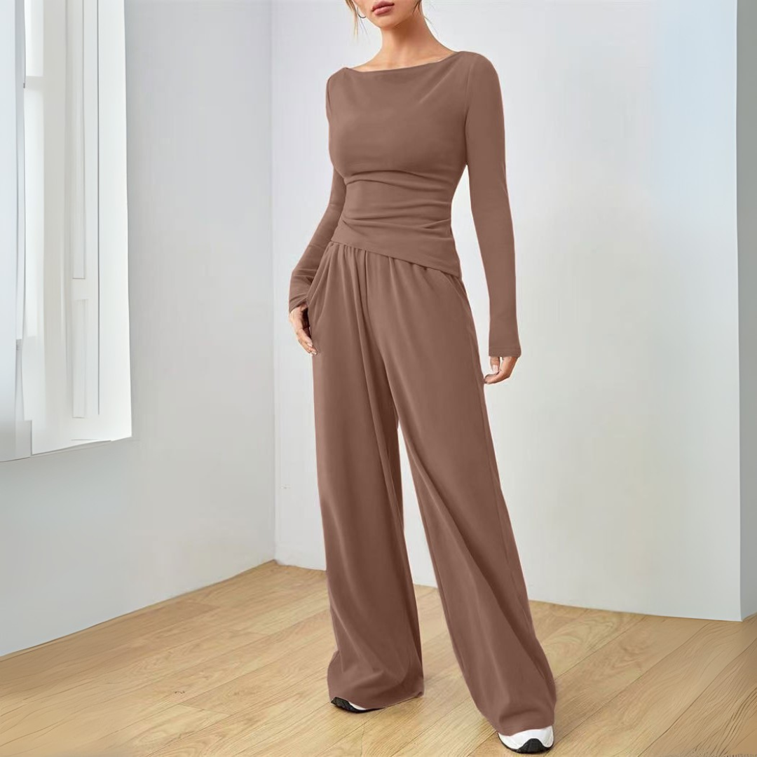 Ruched Knit Lounge Set for Women, Boat Neck and Wide Leg