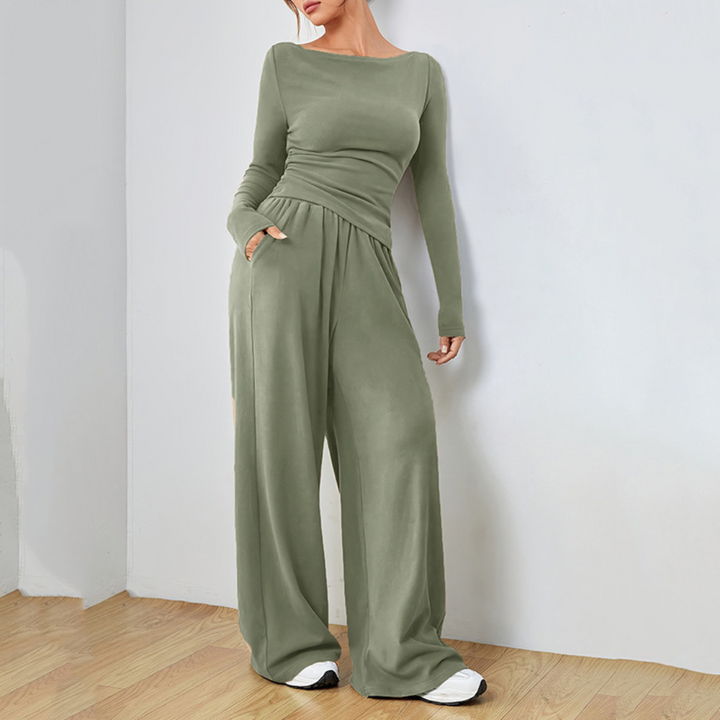Ruched Knit Lounge Set for Women, Boat Neck and Wide Leg