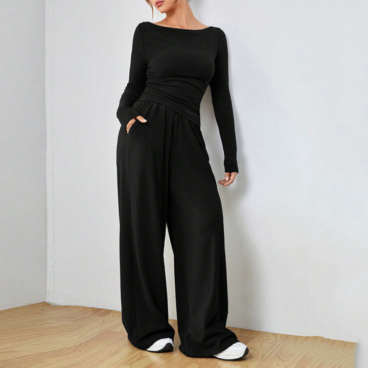 Ruched Knit Lounge Set for Women, Boat Neck and Wide Leg