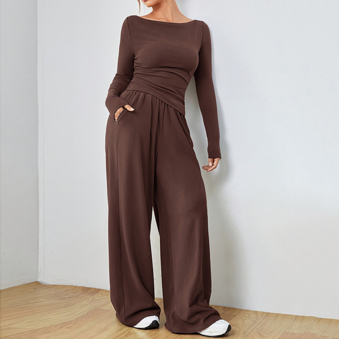 Ruched Knit Lounge Set for Women, Boat Neck and Wide Leg