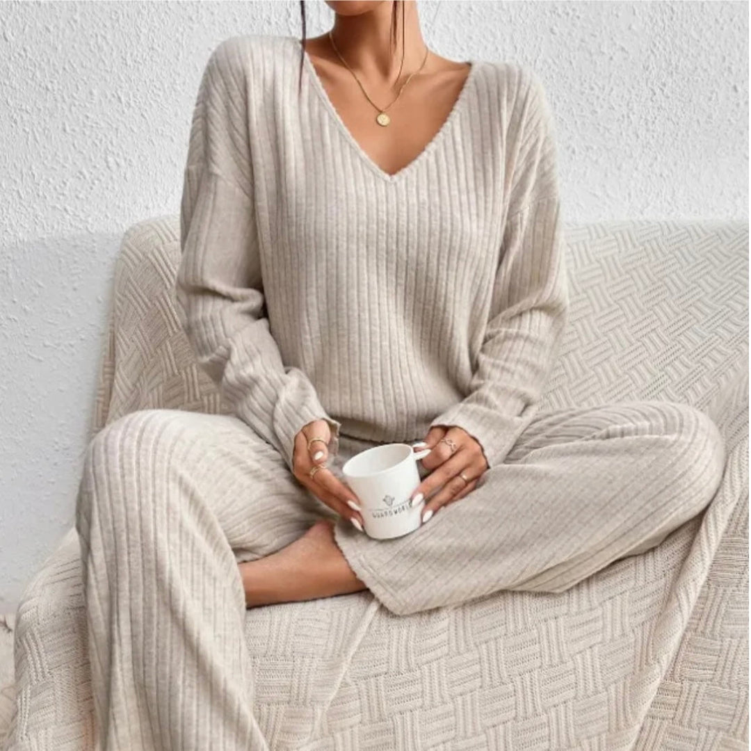 Ribbed Knit Lounge Set for Women, V-Neck and Wide Leg Pants