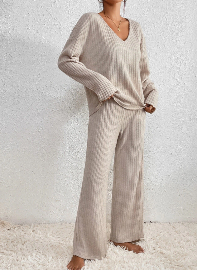Ribbed Knit Lounge Set for Women, V-Neck and Wide Leg Pants