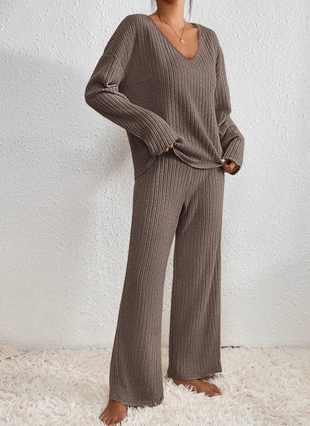 Ribbed Knit Lounge Set for Women, V-Neck and Wide Leg Pants