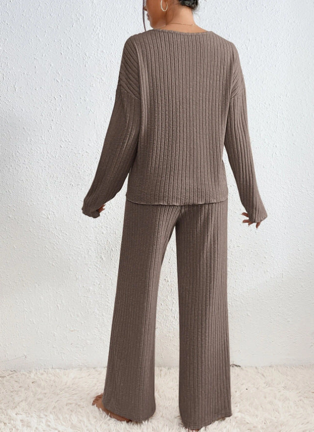 Ribbed Knit Lounge Set for Women, V-Neck and Wide Leg Pants