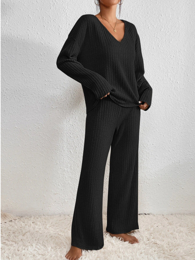 Ribbed Knit Lounge Set for Women, V-Neck and Wide Leg Pants