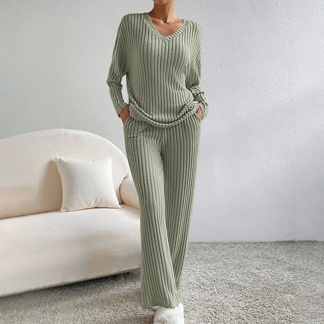 Ribbed Knit Lounge Set for Women, V-Neck and Wide Leg Pants