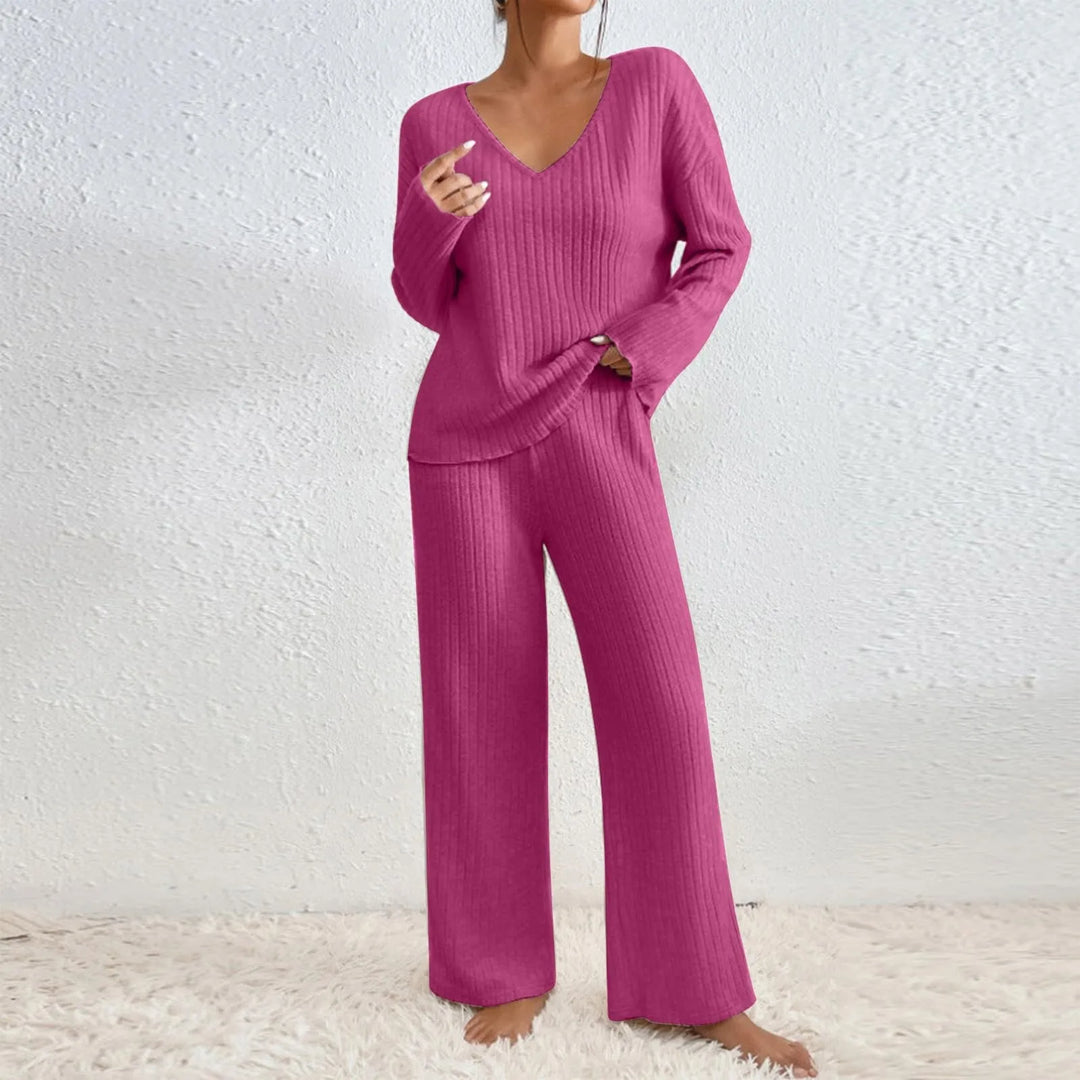 Ribbed Knit Lounge Set for Women, V-Neck and Wide Leg Pants