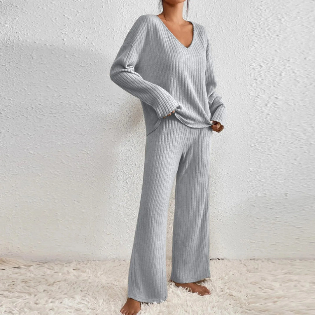 Ribbed Knit Lounge Set for Women, V-Neck and Wide Leg Pants