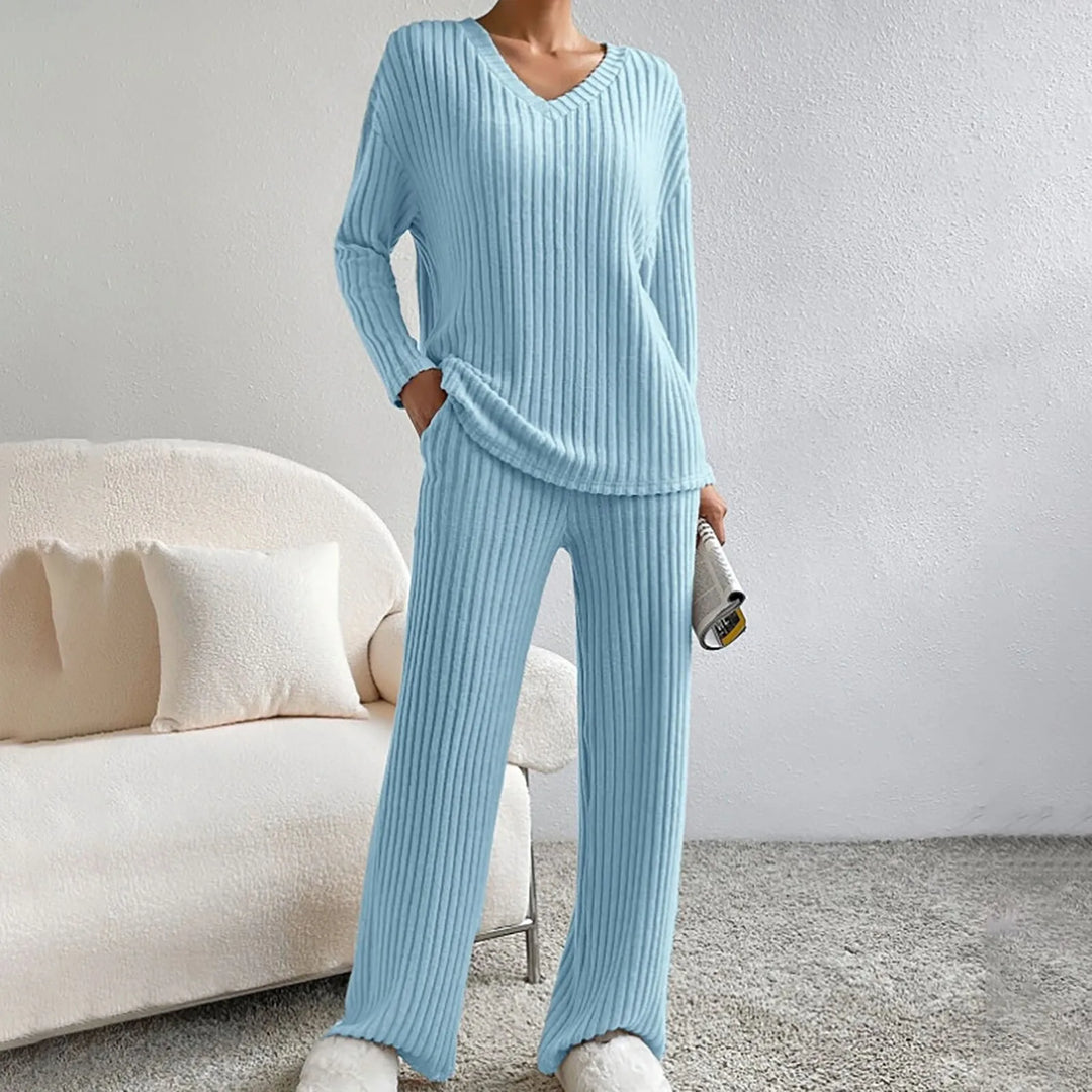 Ribbed Knit Lounge Set for Women, V-Neck and Wide Leg Pants