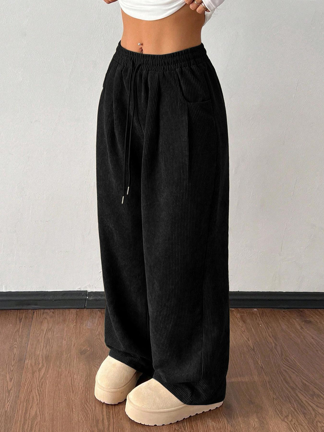 Ribbed Wide Leg Pants for Women, Drawstring with Pockets