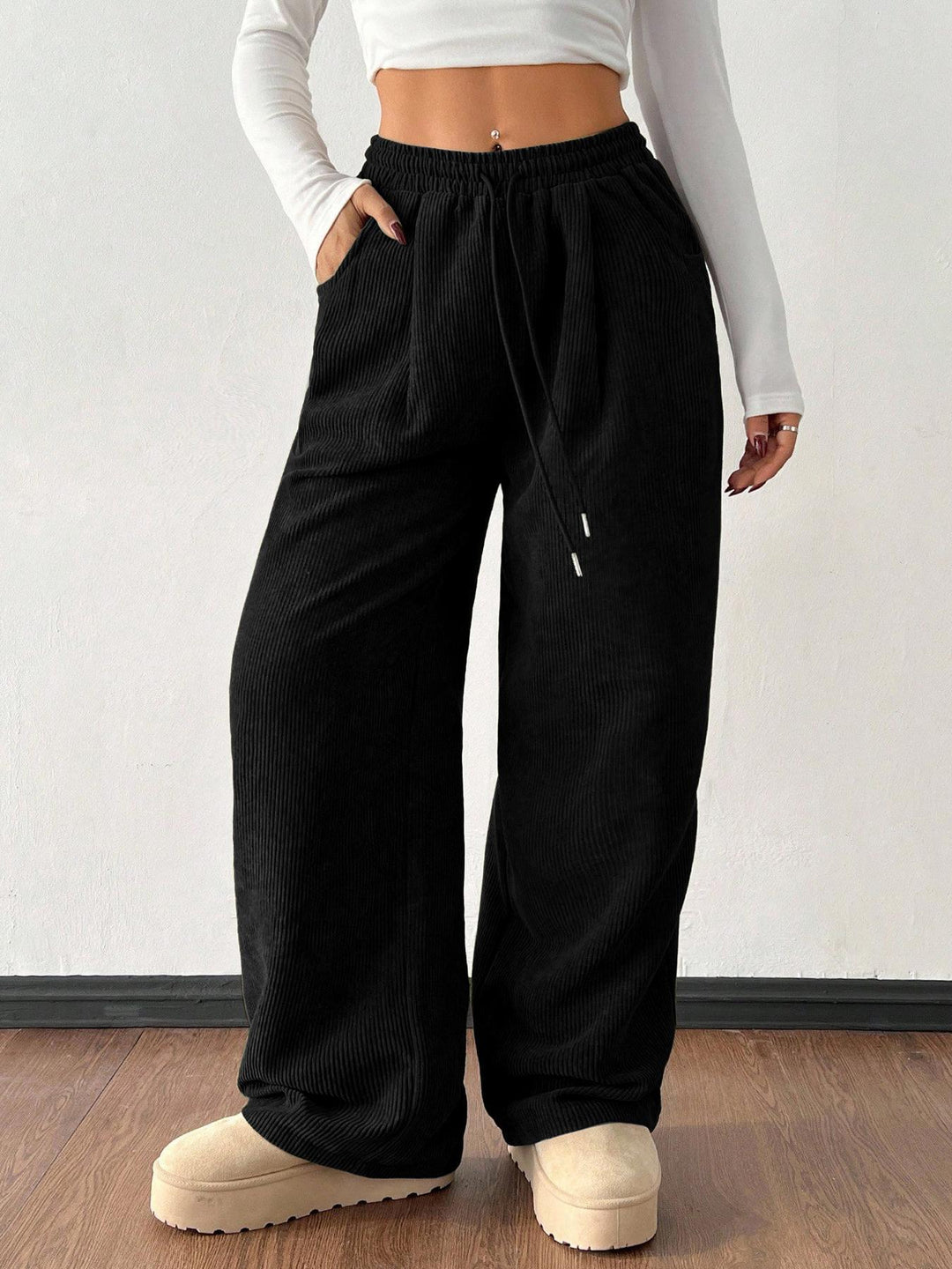 Ribbed Wide Leg Pants for Women, Drawstring with Pockets