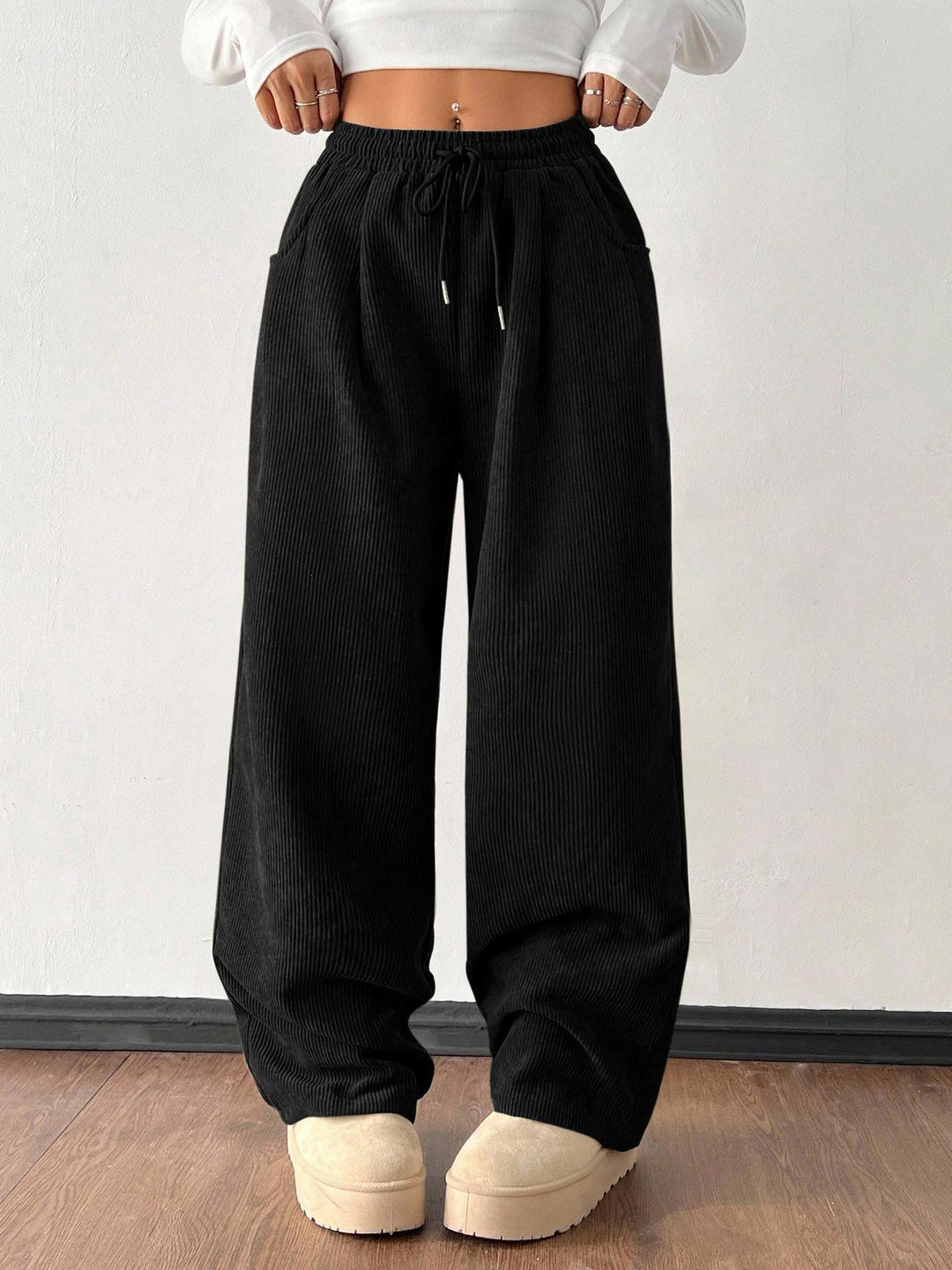 Ribbed Wide Leg Pants for Women, Drawstring with Pockets