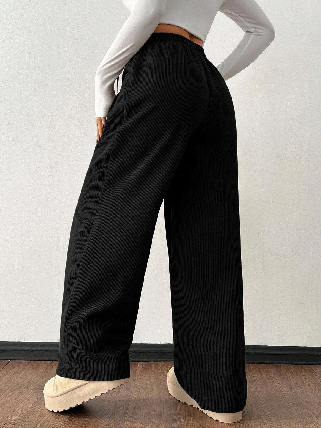 Ribbed Wide Leg Pants for Women, Drawstring with Pockets