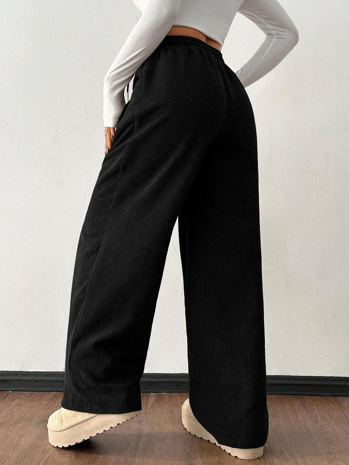Ribbed Wide Leg Pants for Women, Drawstring with Pockets