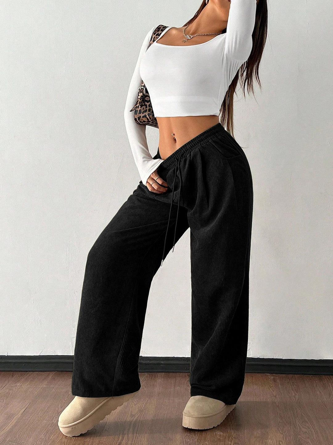 Ribbed Wide Leg Pants for Women, Drawstring with Pockets