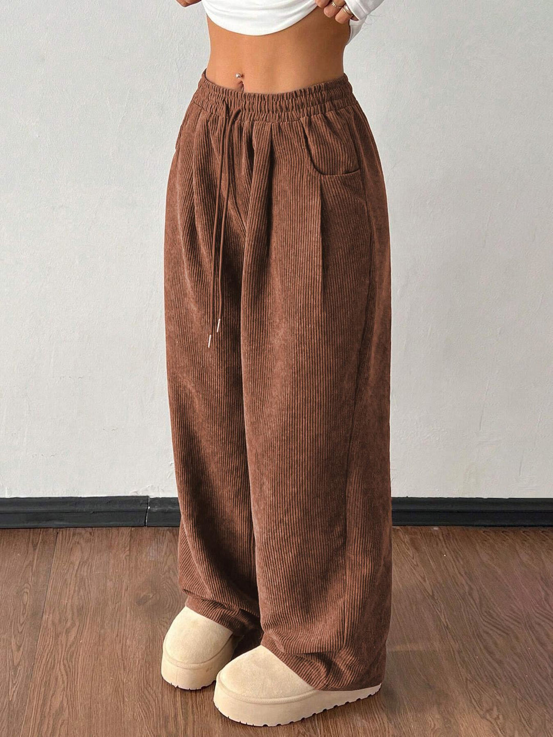Ribbed Wide Leg Pants for Women, Drawstring with Pockets