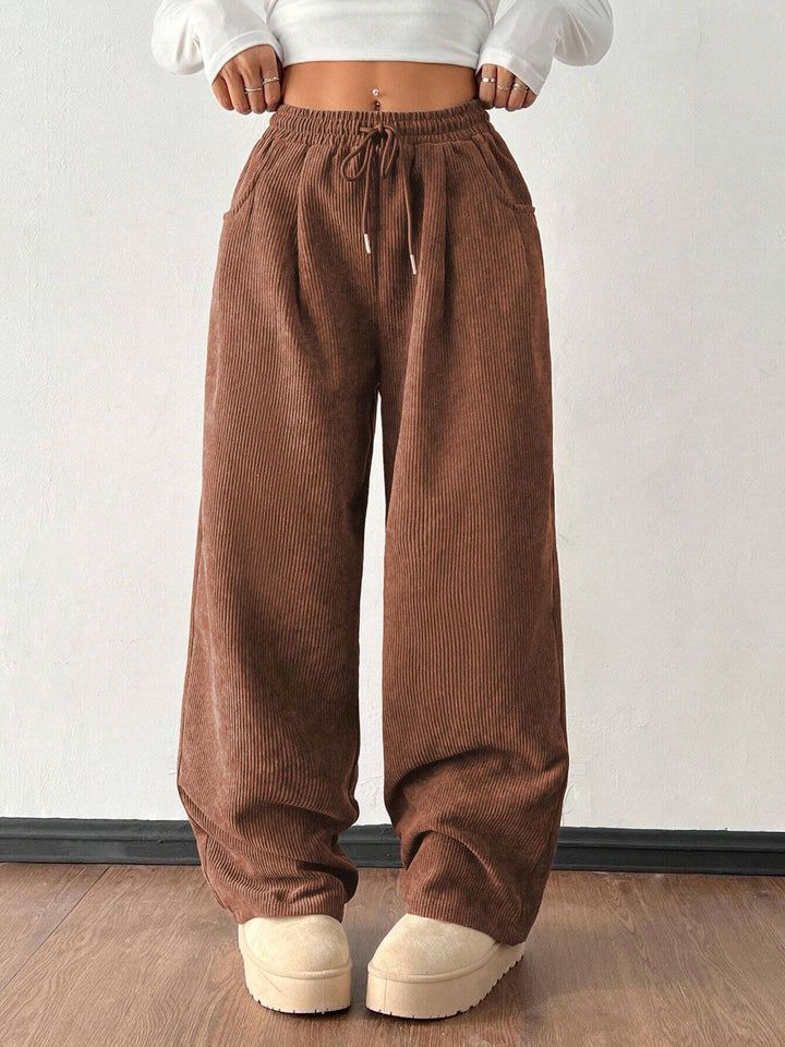Ribbed Wide Leg Pants for Women, Drawstring with Pockets