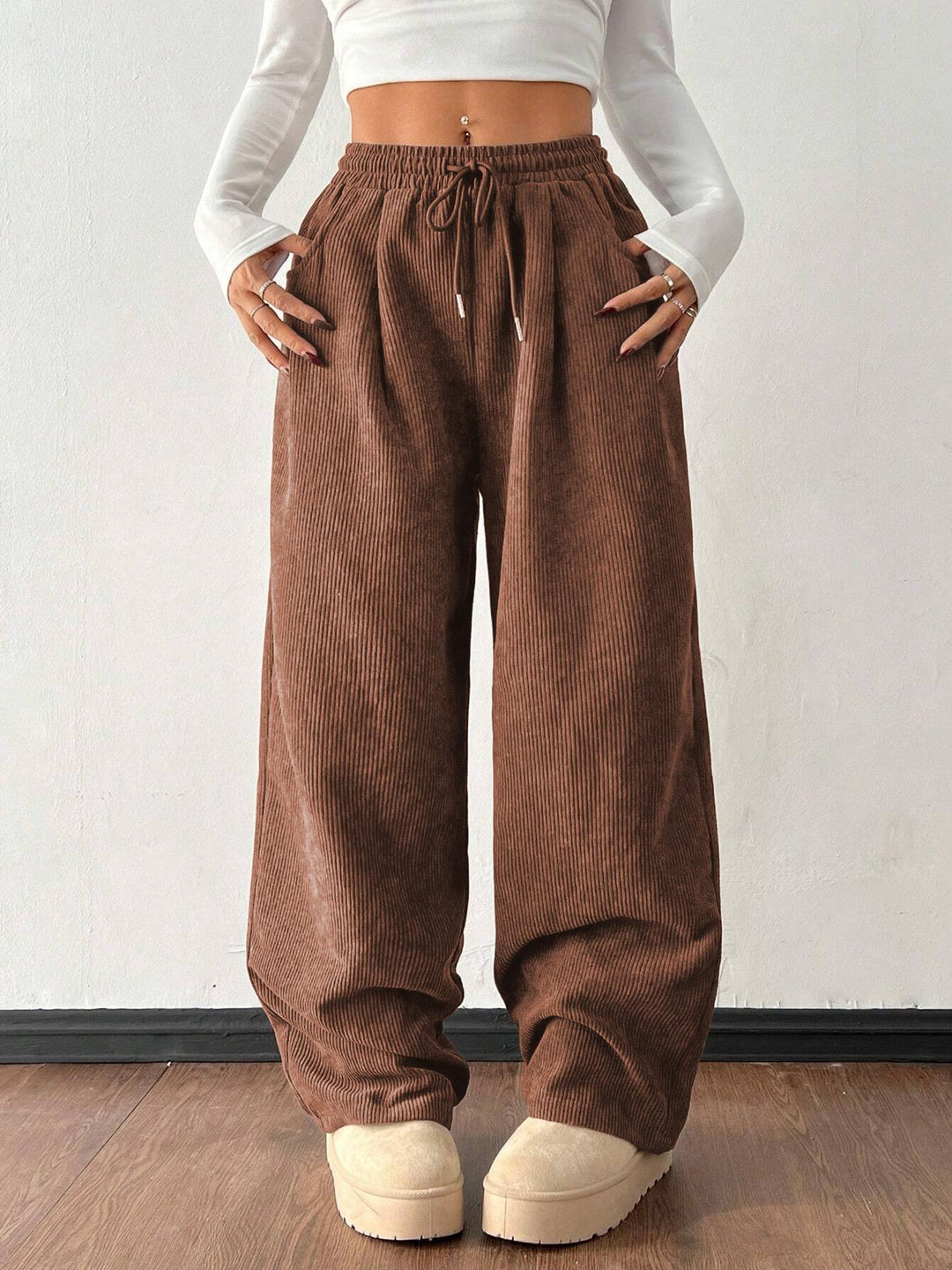 Ribbed Wide Leg Pants for Women, Drawstring with Pockets