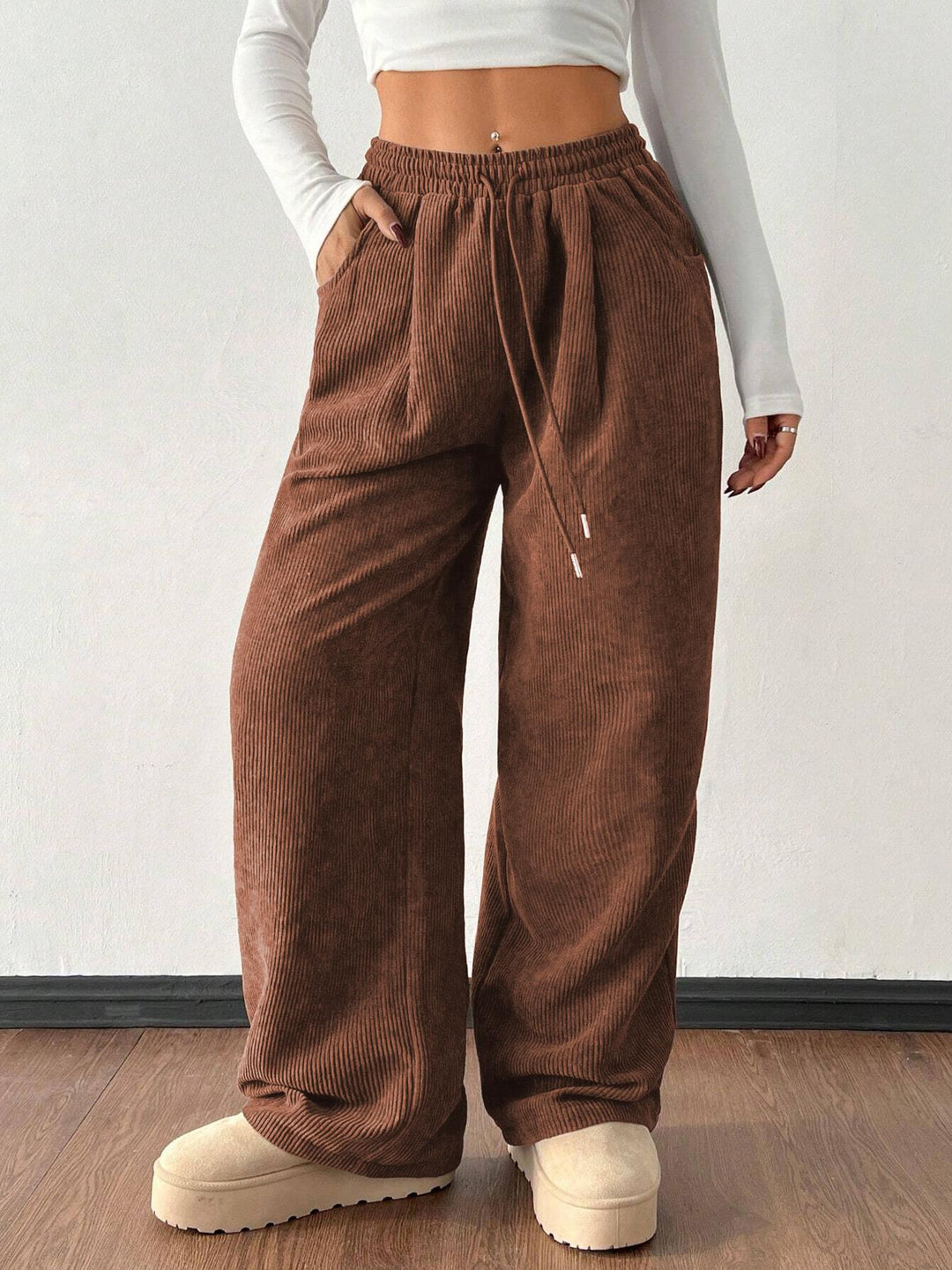 Ribbed Wide Leg Pants for Women, Drawstring with Pockets