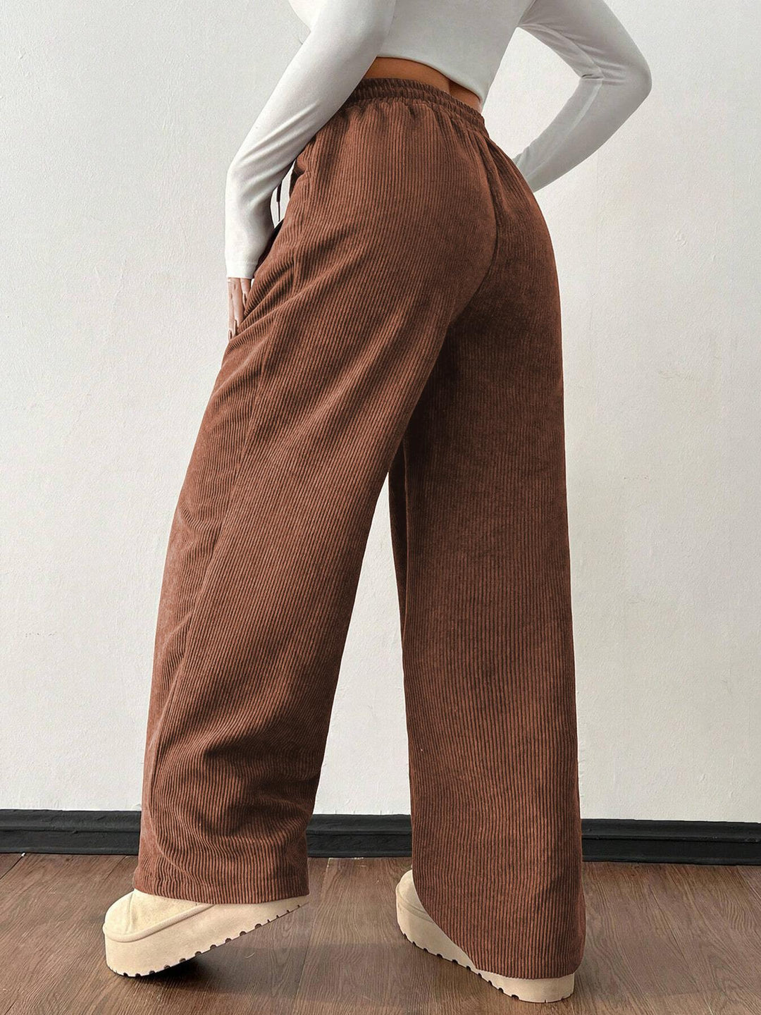 Ribbed Wide Leg Pants for Women, Drawstring with Pockets