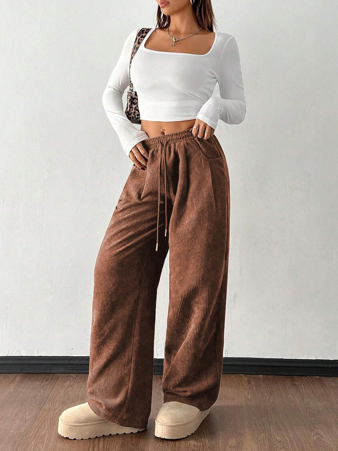 Ribbed Wide Leg Pants for Women, Drawstring with Pockets
