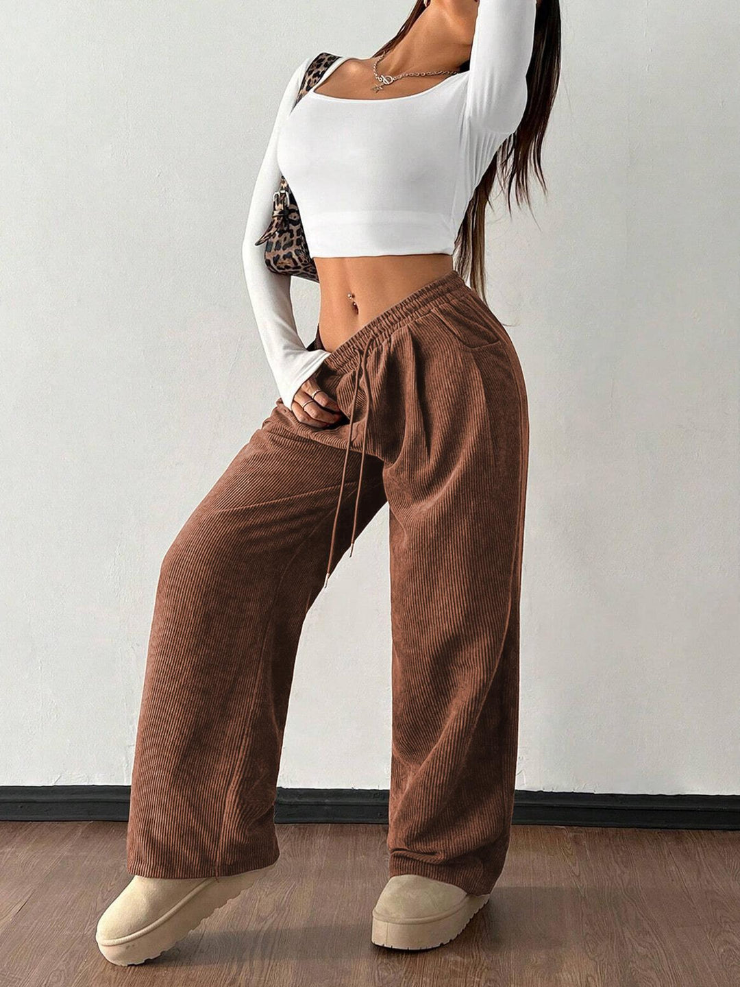 Ribbed Wide Leg Pants for Women, Drawstring with Pockets