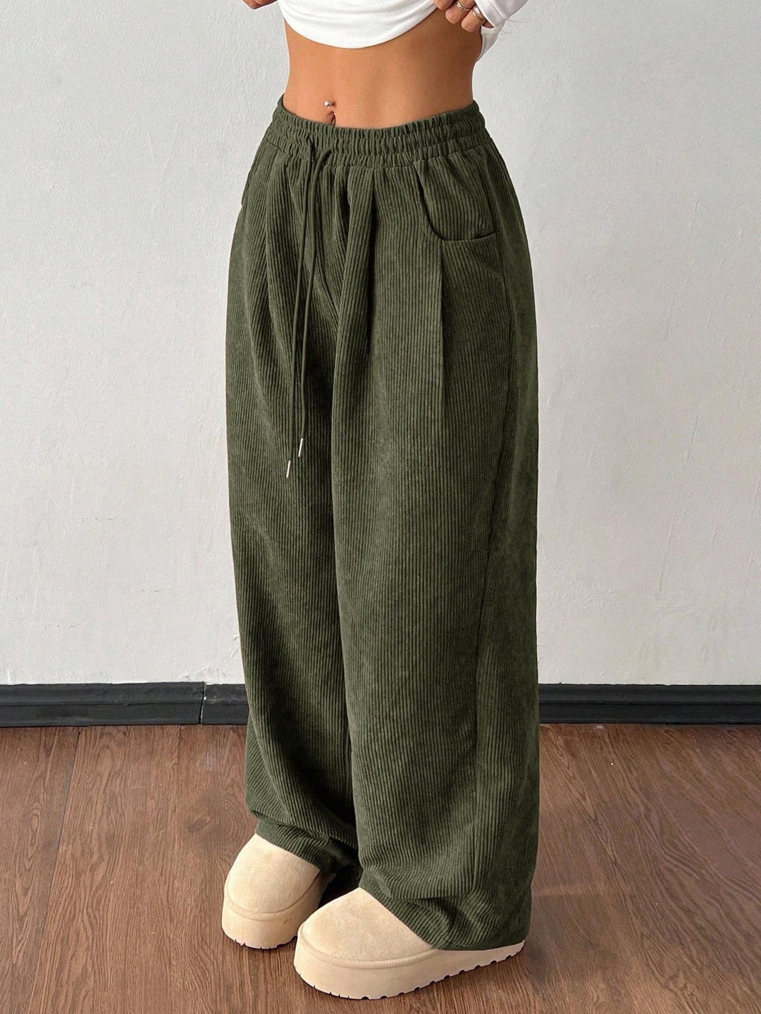 Ribbed Wide Leg Pants for Women, Drawstring with Pockets