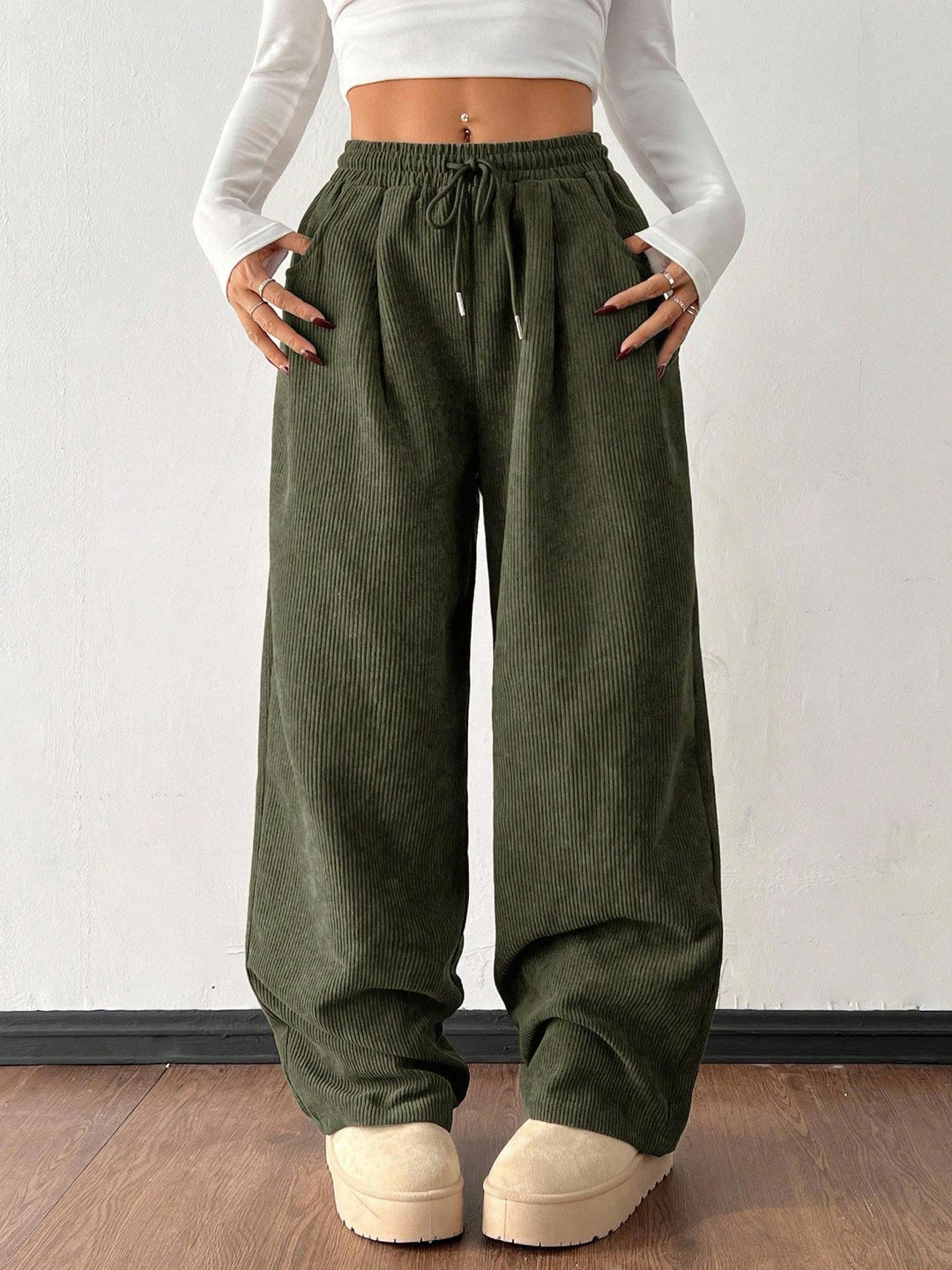 Ribbed Wide Leg Pants for Women, Drawstring with Pockets