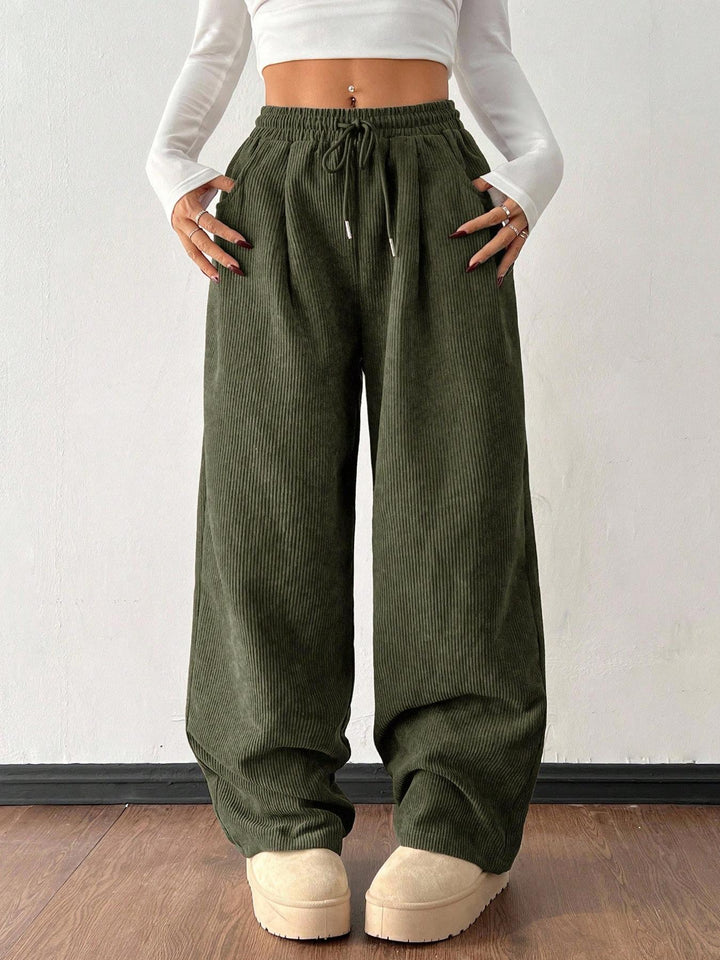 Ribbed Wide Leg Pants for Women, Drawstring with Pockets