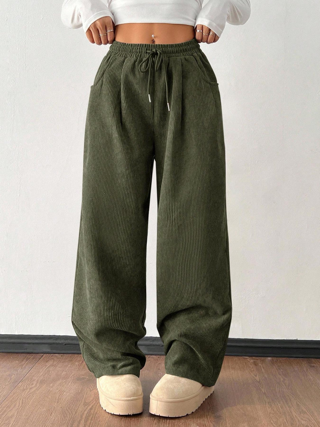 Ribbed Wide Leg Pants for Women, Drawstring with Pockets