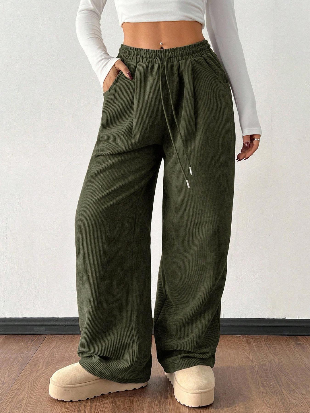 Ribbed Wide Leg Pants for Women, Drawstring with Pockets
