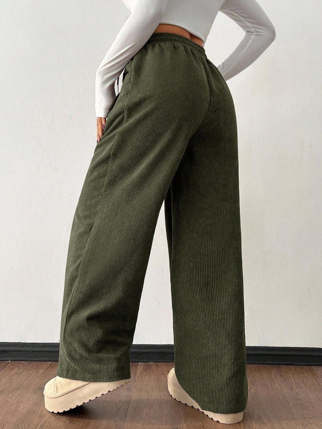Ribbed Wide Leg Pants for Women, Drawstring with Pockets