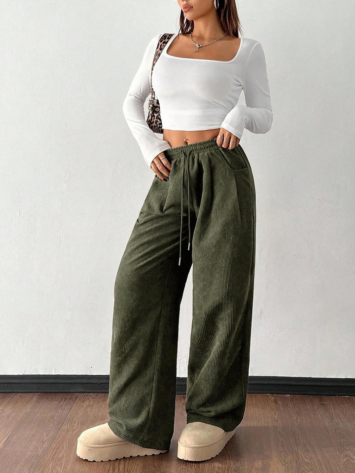 Ribbed Wide Leg Pants for Women, Drawstring with Pockets
