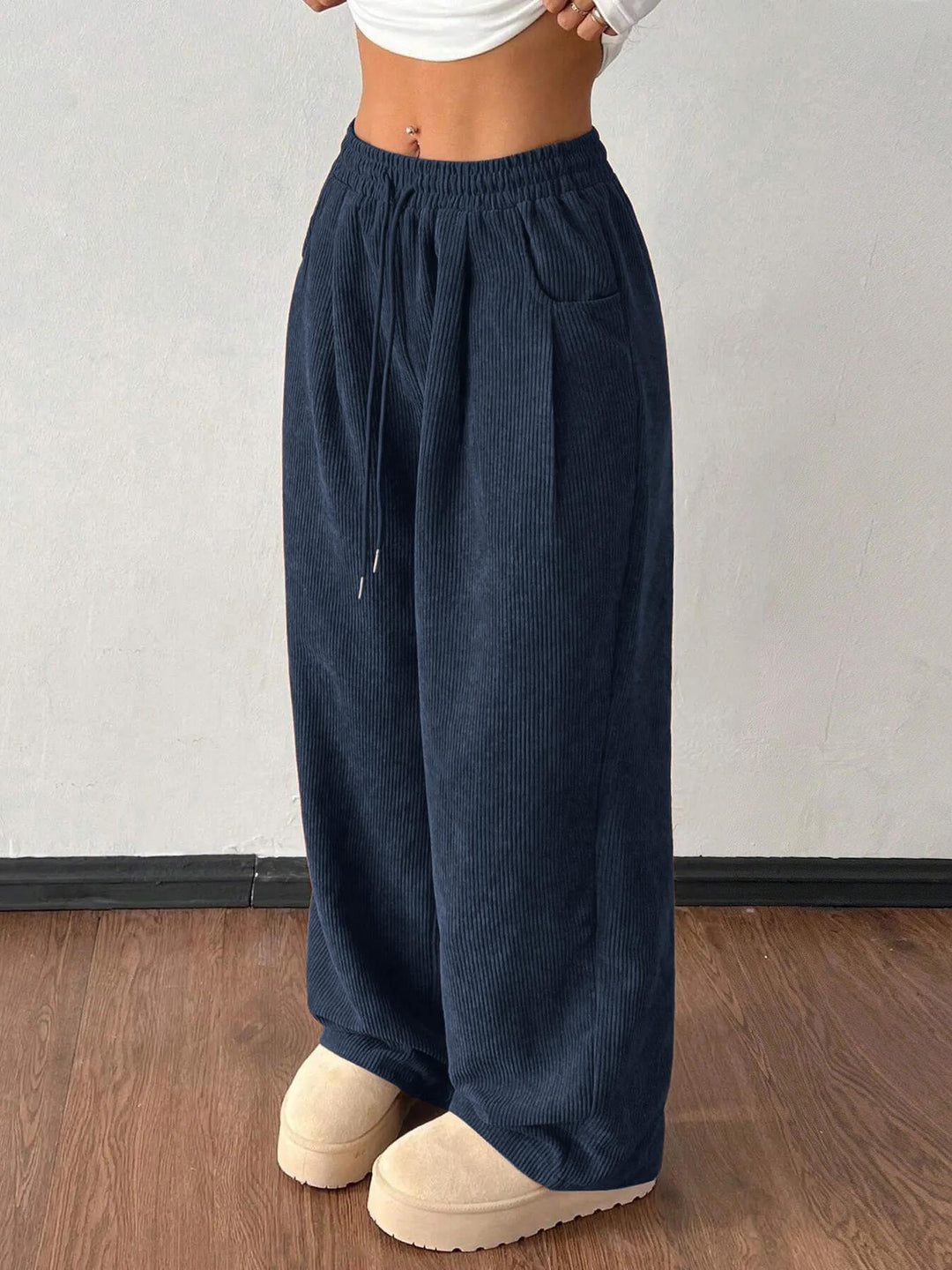 Ribbed Wide Leg Pants for Women, Drawstring with Pockets