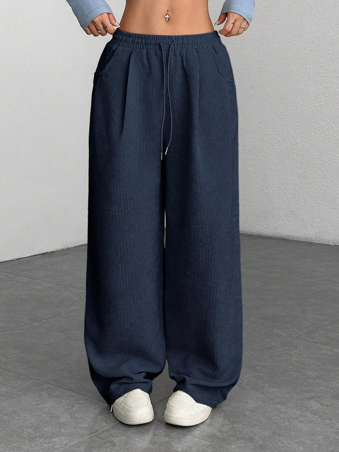 Ribbed Wide Leg Pants for Women, Drawstring with Pockets