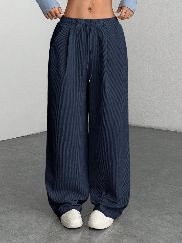 Ribbed Wide Leg Pants for Women, Drawstring with Pockets